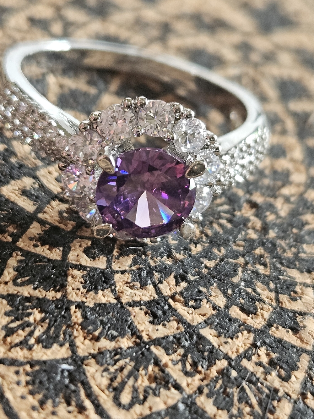Silver Halo Purple Gemstone Ring with Clear Accents